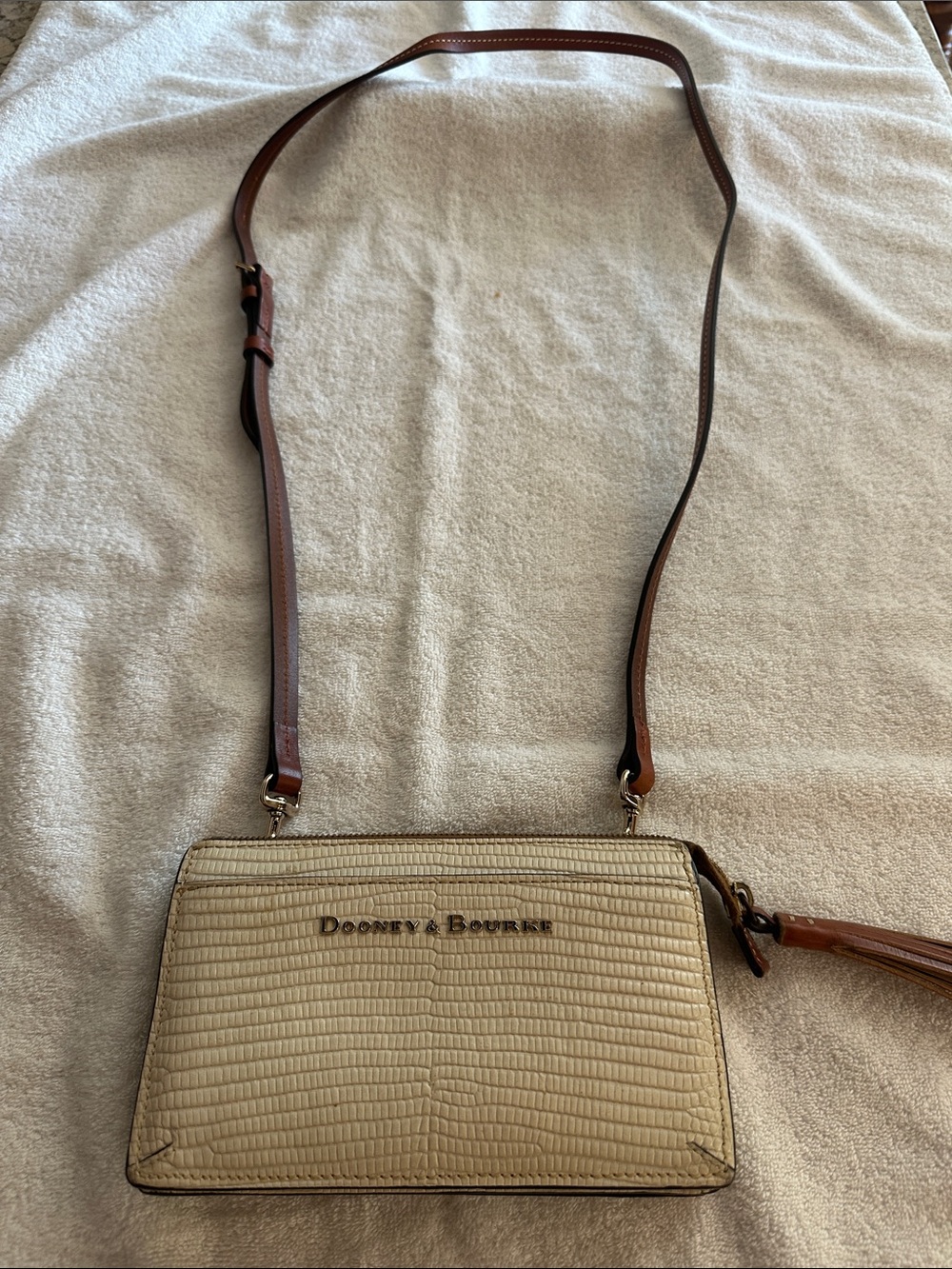 Dooney & Bourke Cream Textured Crossbody with Brown Strap